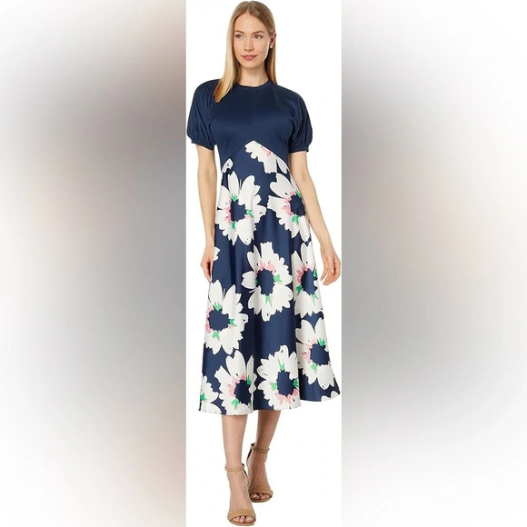 Ted Baker Dress Women’s 2 Chic Floral Midi Flare Puff Sleeve Navy Wedding Guest - Picture 2 of 13